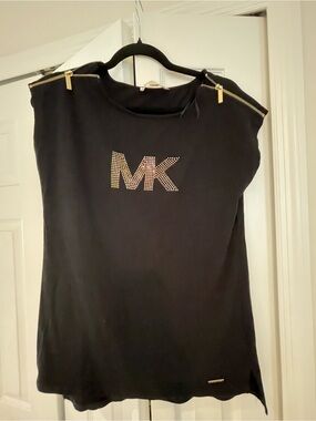 Michael Kors Black Tank with Gold Studded MK and Shoulder Zips